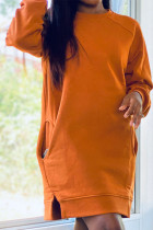 Orange Casual Polyester Solid Pocket O Neck Long Sleeve Knee Length Long Sleeve Dress Dresses