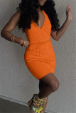 Red Sexy Casual Solid With Belt V Neck Vest Dress
