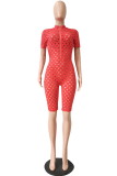 Red Sexy Solid Hollowed Out Zipper Collar Skinny Rompers