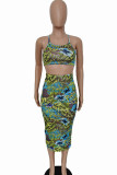Green Fashion adult Ma'am Lightly cooked Floral Print Two Piece Suits pencil Sleeveless Two Pieces
