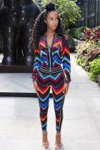Multi-color Elastic Fly Mid Print Straight Pants Two-piece suit