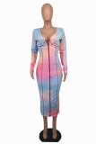 Pink Fashion Sexy Print Basic V Neck Long Sleeve Dress