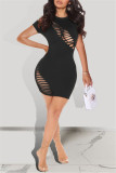 Camel Fashion Sexy Solid Hollowed Out O Neck Short Sleeve Dress