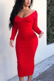 Red Sexy Casual Solid V Neck Pencil Skirt Dresses