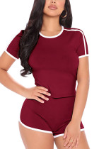 Wine Red Cotton Fashion Casual Patchwork Solid Two Piece Suits Straight Short Sleeve Two Pieces