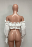 White One word collar Long Sleeve Solid Draped Tops