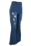 Light Blue Denim Zipper Fly Sleeveless Mid Hole washing Solid Boot Cut Pants Pants