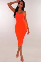 Orange Polyester Fashion adult Sexy Spaghetti Strap Sleeveless Slip A-Line Mid-Calf Solid
