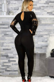 Black Sexy Solid Backless perspective Long Sleeve V Neck