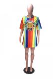Multi-color Polyester Casual Fashion Cap Sleeve Half Sleeves O neck Straight Mini Character Rainbow Casual Dres