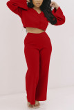 Red Casual Solid O Neck Long Sleeve Two Pieces
