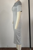 Grey Sexy Striped Patchwork V Neck A Line Dresses