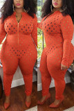 Purple Fashion Casual Solid Ripped Zipper Collar Plus Size Jumpsuit