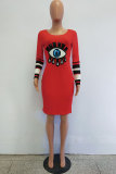 Red Fashion Long Sleeves O neck Slim Dress Knee-Length Print Sequin Patchwork Long Sleeve Dresses