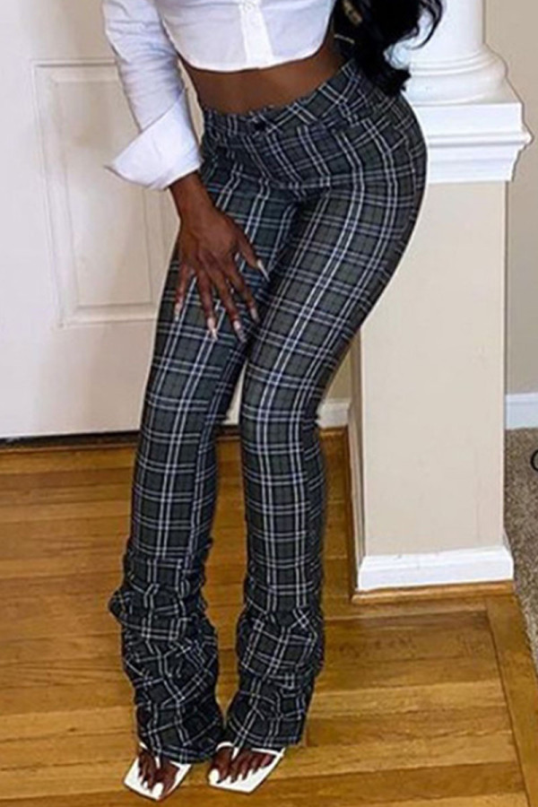 Grey Casual Print Fold Regular Mid Waist Pencil Bottoms