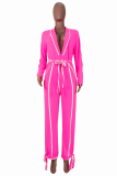 Pink Casual Solid Patchwork High Opening V Neck Straight Jumpsuits