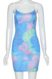 Blue Sexy Spaghetti Strap Sleeveless Pencil Dress skirt Print Dresses