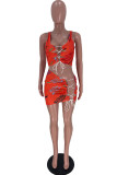 Red Letter Print Bandage Patchwork Spaghetti Strap Sleeveless Two Pieces
