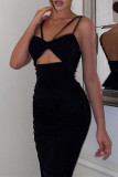 Black Sexy Solid Hollowed Out Backless Spaghetti Strap Sleeveless Dress