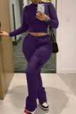 Purple Fashion Casual Solid Pocket O Neck Long Sleeve Two Pieces
