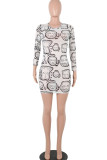 White Polyester Sexy Cap Sleeve Long Sleeves O neck A-Line skirt Print Mesh Patchwork