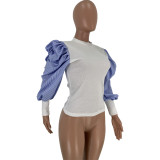 White Polyester O Neck Long Sleeve Slim fit Striped asymmetrical Patchwork
