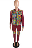 Brick Red Fashion Casual Print Split Joint Zipper Collar Long Sleeve Two Pieces