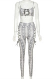 Red Fashion Sexy Print Hollowed Out Strap Design Spaghetti Strap Sleeveless Two Pieces