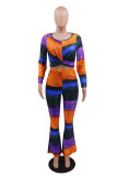 Multi-color OL Print Loose Long Sleeve Two Pieces