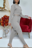 Grey Street Polyester Solid Split Joint O Neck Long Sleeve Regular Sleeve Short Two Pieces