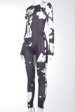 Black And White Casual Print Patchwork Tie-dye O Neck Regular Jumpsuits