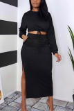 Rose Red Fashion Casual Solid Slit O Neck Long Sleeve Two Pieces
