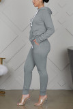 Grey Sportswear Cotton Solid Split Joint Hooded Collar Long Sleeve Regular Sleeve Regular Two Pieces