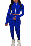 Royal blue Fashion Sexy adult Ma'am Patchwork Print Two Piece Suits pencil Long Sleeve Two Pieces