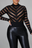 Black Fashion Sexy Patchwork See-through Half A Turtleneck Skinny Romper