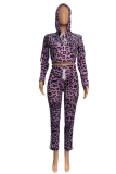 Red Casual Leopard Patchwork Hooded Collar Long Sleeve Two Pieces