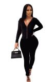 Black Casual zipper Solid Polyester Long Sleeve Hooded