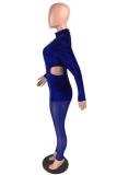 Blue Fashion Sexy perspective Patchwork Mesh Solid Long Sleeve O Neck 