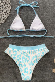 Blue Sexy Print Leopard Backless Swimwears