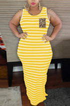 Yellow Polyester Fashion Sexy adult Ma'am O Neck Striped Stripe Plus Size
