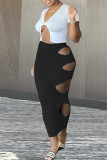 Yellow Fashion Sexy Solid Hollowed Out Asymmetrical V Neck Short Sleeve Two Pieces