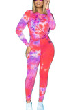 rose red Sexy Tie Dye Tie-dye O Neck Long Sleeve Regular Sleeve Two Pieces