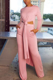rose red Fashion British Style Adult Polyester Solid Slit O Neck Long Sleeve Regular Sleeve Long Two Pieces