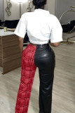 Grey Fashion Casual Plaid Print Mid WaistPatchwork Trousers
