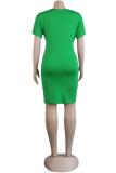 Green Polyester Casual adult Sexy Fashion Short Sleeves O neck Pleated Mini Solid Draped asymmetrical