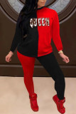 Black Red Casual Print Patchwork O Neck Long Sleeve Two Pieces
