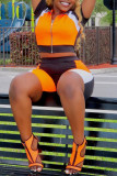 Orange Fashion Sportswear Patchwork Basic Zipper Collar Short Sleeve Two Pieces