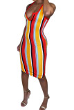 Wine Red Polyester Fashion Sexy Red Blue Pink Yellow Wine Red Navy Blue Tank Sleeveless V Neck Hip skirt Knee-Length Striped Dresses