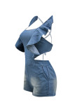 Blue Fashion Sexy Casual washing stringy selvedge Sleeveless Boat Neck Jumpsuits