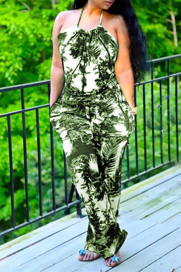 Green Sexy Casual Print Backless Halter Regular Jumpsuits